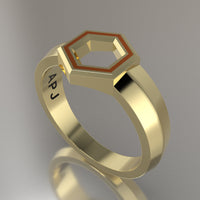 Yellow Gold Geometric Hexagon Signet Ring, Orange Resin Solid 14kt Yellow Gold Petite Signet Design