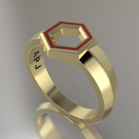Yellow Gold Geometric Hexagon Signet Ring, Red Resin Solid 14kt Yellow Gold Petite Signet Design