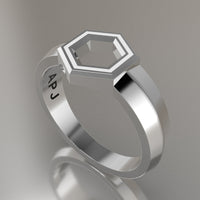 Silver Geometric Hexagon Signet Ring, White Resin Solid Sterling Silver Petite Signet Design