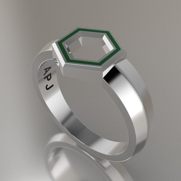 Silver Geometric Hexagon Signet Ring, Green Resin Solid Sterling Silver Petite Signet Design