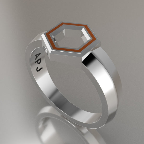 Silver Geometric Hexagon Signet Ring, Orange Resin Solid Sterling Silver Petite Signet Design