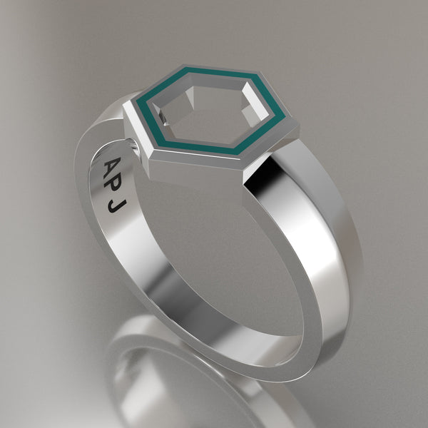 Silver Geometric Hexagon Signet Ring, Turquoise Resin Solid Sterling Silver Petite Signet Design