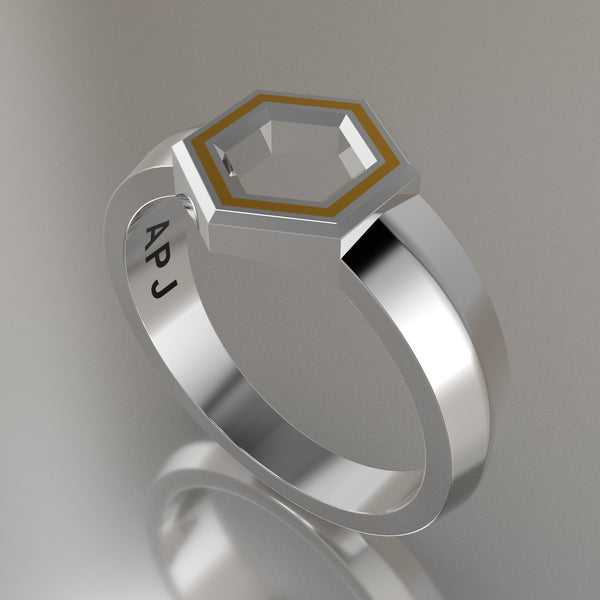 Silver Geometric Hexagon Signet Ring, Yellow Resin Solid Sterling Silver Petite Signet Design