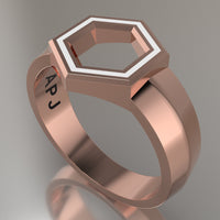 Rose Gold Geometric Hexagon Signet Ring, White Resin Solid 14kt Rose Gold Standard Signet Design