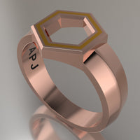 Rose Gold Geometric Hexagon Signet Ring, Yellow Resin Solid 14kt Rose Gold Standard Signet Design