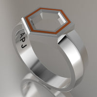 White Gold Geometric Hexagon Signet Ring, Orange Resin Solid 14kt White Gold Standard Signet Design