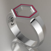 White Gold Geometric Hexagon Signet Ring, Pink Resin Solid 14kt White Gold Standard Signet Design