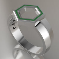 White Gold Geometric Hexagon Signet Ring, Transparent Green Resin Solid 14kt White Gold Standard Signet Design