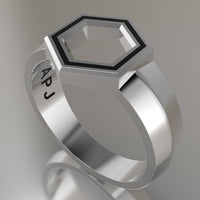 White Gold Geometric Hexagon Signet Ring, Black Resin Solid 14kt White Gold Standard Signet Design