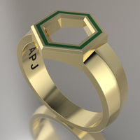 Yellow Gold Geometric Hexagon Signet Ring, Green Resin Solid 14kt Yellow Gold Standard Signet Design