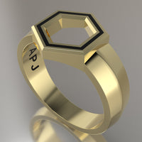 Yellow Gold Geometric Hexagon Signet Ring, Black Resin Solid 14kt Yellow Gold Standard Signet Design