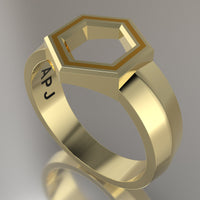 Yellow Gold Geometric Hexagon Signet Ring, Yellow Resin Solid 14kt Yellow Gold Standard Signet Design