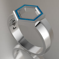 Silver Geometric Hexagon Signet Ring, Blue Swirl Resin Solid Sterling Silver Standard Signet Design