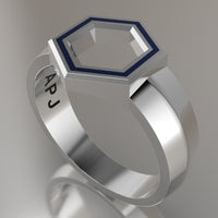 Silver Geometric Hexagon Signet Ring, Royal Blue Resin Solid Sterling Silver Standard Signet Design