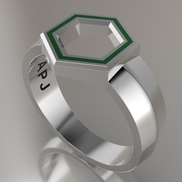 Silver Geometric Hexagon Signet Ring, Green Resin Solid Sterling Silver Standard Signet Design