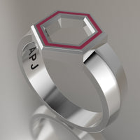 Silver Geometric Hexagon Signet Ring, Transparent Pink Resin Solid Sterling Silver Standard Signet Design