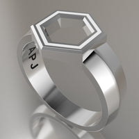 Silver Geometric Hexagon Signet Ring, White Resin Solid Sterling Silver Standard Signet Design