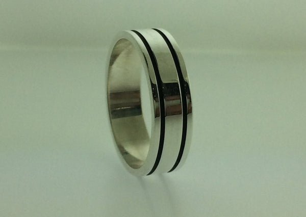 Polished Sterling Silver 6mm Double Black Groove Wedding Band